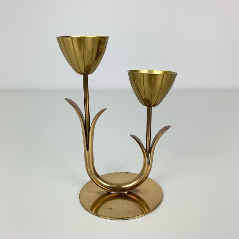 Ystad Metall Brass Candle Holder Flower Tulip 2 Arms Sweden MCM Vtg Scandinavian